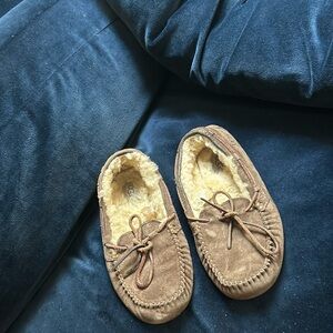 Ugg Suede Fur Moccasin Slippers in Chocolate Brown